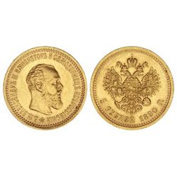5 Rublos. - 1890-A -. ALEJANDRO III. - SAN PETERSBURGO. - AU. (Restos de brillo original).Ensayador: