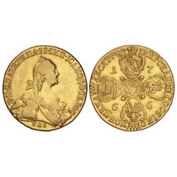 10 Rublos. - 1766-C -. CATALINA II. - SAN PETERSBURGO. - AU. Ensayador: . MUY ESCASA. C-79a. MBC-/M