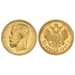15 Rublos. - 1897-A -. NICOLÁS II. - SAN PETERSBURGO. - AU. Ensayador: . Y-65.1. EBC. - -