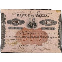 500 Reales de Vellón. - (25 Julio 1847) S/F. - BANCO DE CÁDIZ. - III Emisión. (Manchita en esquina).