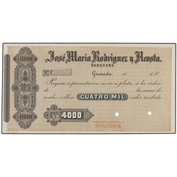 Pagaré de 4.000 Reales de Vellón. - 18_. - JOSE MARÍA RODRÍGUEZ y ACOSTA. GRANADA. - SPECIMEN. Dos t