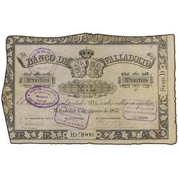 1.000 Reales de Vellón. - 1 Agosto 1857. - BANCO DE VALLADOLID. - (Pequeñas roturas). Ed-A125. MBC.
