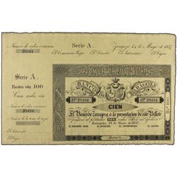 Lote 2 billetes 100 Reales de Vellón. - 14 Mayo 1857. - BANCO DE ZARAGOZA. - Serie A. Pareja correla