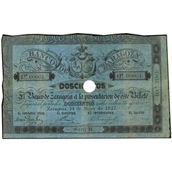 200 Reales de Vellón. - 14 Mayo 1857. - BANCO DE ZARAGOZA. - Nº 00001. Taladro y con firmas. MUY RAR