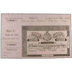 Lote 2 billetes 500 Reales de Vellón. - 14 Mayo 1857. - BANCO DE ZARAGOZA. - Serie C. Con matriz y s
