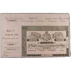 Lote 3 billetes 100, 200 y 500 Reales de Vellón. - 14 Mayo 1857. - BANCO DE ZARAGOZA. - Series A, B