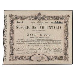 Suscrición Voluntaria 200 Reales de Vellón. - 30 Mayo 1870. - CARLOS VII, Pretendiente. - LA TOUR DE