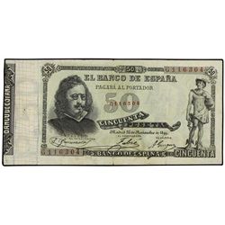 50 Pesetas. - 25 Noviembre 1899. - Quevedo. Serie G. (Pequeña rotura en pliegue central). Ed-B91a. M