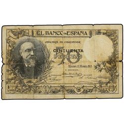 50 Pesetas. - 19 Marzo 1905. - Echegaray. FALSO DE ÉPOCA. (Restauraciones). Ed-B96f. BC+. - -