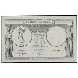 Prueba de anverso 25 Pesetas. - 1 Enero 1904. - NO EMITIDO. Papel blanco sin fondo litográfico verde
