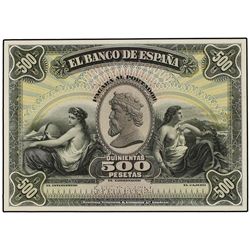 Prueba de color de anverso 500 Pesetas. - 28 Enero 1907. - Color amarillo. SPECIMEN en taladro. RARO