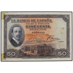 Muestra 50 Pesetas. - 17 Mayo 1927. - Alfonso XIII. Numeración 0.000.000. SPECIMEN en taladro. (Rest