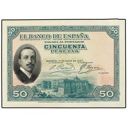 Prueba de color de anverso 50 Pesetas. - 17 Mayo 1927. - Alfonso XIII. Color verde. SPECIMEN en tala