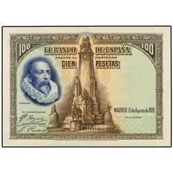 Prueba de color de anverso 100 Pesetas. - 15 Agosto 1928. - Cervantes. Color verde, azul, amarillo y