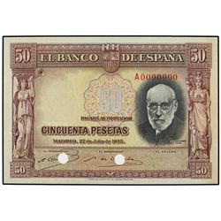 Muestra 50 Pesetas. - 22 Julio 1935. - Ramón y Cajal. Nº A0.000.000. Dos taladros. (Oscurecido en ma