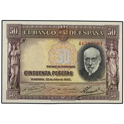 50 Pesetas. - 22 Julio 1935. - Ramón y Cajal. Serie A. (Margen inferior mal cortado). Ed-C17a. SC. -