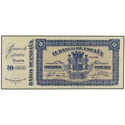 50 Pesetas. - Septiembre 1937. - BANCO DE ESPAÑA.GIJÓN. - Con matriz. RARO. Ed-NE33. SC. - -