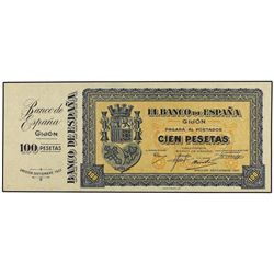 100 Pesetas. - Septiembre 1937. - BANCO DE ESPAÑA. GIJÓN. - Sin numeración. Con matriz. Ed-C50a. SC.