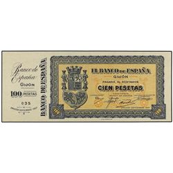 100 Pesetas. - Septiembre 1937. - BANCO DE ESPAÑA. GIJÓN. - Sin numeración. Con matriz numerada 035.
