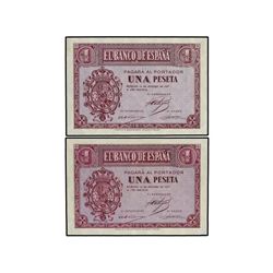 Lote 2 billetes 1 Peseta. - 12 Octubre 1937. - Serie A. Ed-D26. SC. - -