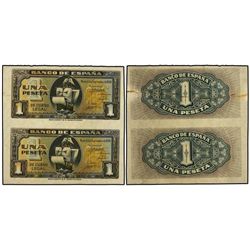Lote 2 billetes 1 Peseta. - 4 Septiembre 1940. - Carabela. ERROR: en bloque sin cortar y sin numerar