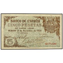 5 Pesetas. - 21 Noviembre 1936. - (Doblez apenas perceptible. Pequeña doblez en esquina). MAGNÍFICO