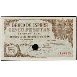 5 Pesetas. - 21 Noviembre 1936. - Diez números de diferencia entre nº del anverso y nº del reverso.