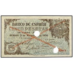 5 Pesetas. - 21 Noviembre 1936. - Numeración 0.000.009. Dos taladros. Aspa en rojo en anverso. (Dos