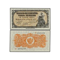Lote 2 billetes 5 Pesetas. - 18 Julio 1937. - Portabella. Serie B. Pareja correlativa. RAROS ASÍ. Ed