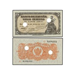 5 Pesetas. - 18 Julio 1937. - Portabella. Serie C. Diferente numeración. Dos taladros. (Cuatro punto