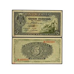 Lote 2 Pruebas anverso y reverso 5 Pesetas. - 4 Septiembre 1940. - Alcázar de Segovia. Reverso numer