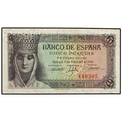 5 Pesetas. - 13 Febrero 1943. - Isabel ´La Católica´. Sin Serie. Ed-D47. EBC+. - -