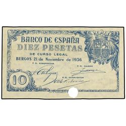 Muestra 10 Pesetas. - 21 Noviembre 1936. - Sin numeración. Sin fondo litográfico en anverso. Un tala