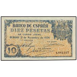 10 Pesetas. - 21 Noviembre 1936. - MAGNÍFICO EJEMPLAR. MUY RARO ASÍ. Ed-D19. SC-. - -