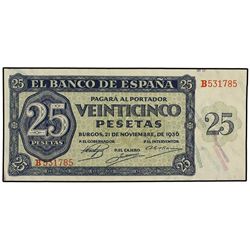 25 Pesetas. - 21 Noviembre 1936. - Serie B. (Pequeña doblez en esquina). Ed-D20a. SC. - -
