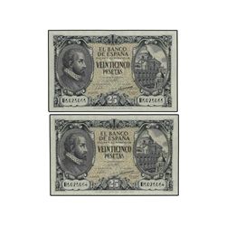 Lote 2 billetes 25 Pesetas. - 9 Enero 1940. - Herrera. Serie B. Pareja correlativa. Ed-D37a. SC. - -