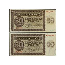 Lote 2 billetes 50 Pesetas. - 21 Noviembre 1936. - Serie Q. Pareja correlativa. (Uno, arruga bastant