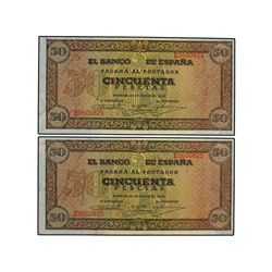 Lote 2 billetes 50  Pesetas. - 20 Mayo 1938. - Castillo de  Olite. Serie E. Pareja correlativa. Ed-D