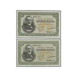 Lote 2 billetes 50 Pesetas. - 9 Enero 1940. - Menéndez Pelayo. Serie B. Pareja correlativa. Ed-D38a.