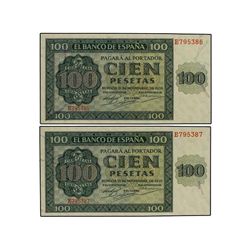 Lote 2 billetes 100 Pesetas. - 21 Noviembre 1936. - Catedral de Burgos. Serie E. Pareja correlativa.
