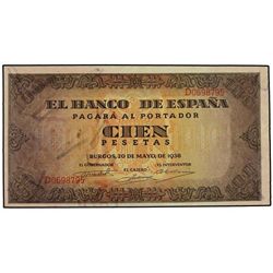 100 Pesetas. - 20 Mayo 1938. - Casa del Cordón. Serie D. (Pequeñas arruguitas de impresión). Ed.D33a