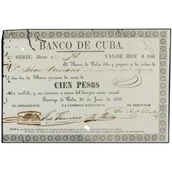 Pagaré de 100 Pesos. - 30 Junio 1866. - BANCO DE CUBA. - (Roído en parte y restaurado). MUY RARO. Ed