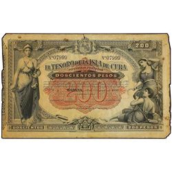 200 Pesos. - 12 Agosto 1891. - EL TESORO DE LA ISLA DE CUBA. - (Algunas roturas y manchas). Ed-CU65.