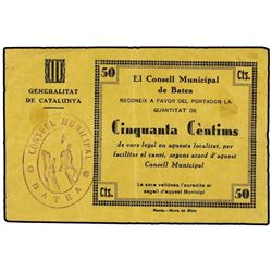 50 Cèntims. - C.M. de BATEA. - MUY RARO. AT-317; T-382. MBC+. - -