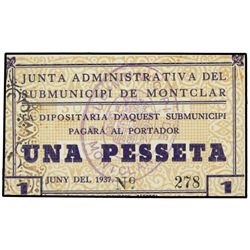 1 Pesseta. - Juny 1937. - Junta Administrativa del Submunicipi de MONTCLAR. - MUY RARO. AT-1565; T-1
