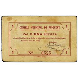 1 Pesseta. - Abril 1937. - C.M. de PUIGVERT. - (Manchitas y doblez). MUY RARO. AT-2047; T-2360. MBC.
