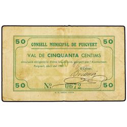 50 Cèntims. - Abril 1937. - C.M. de PUIGVERT. - MUY RARO. AT-2048; T-2361. MBC. - -