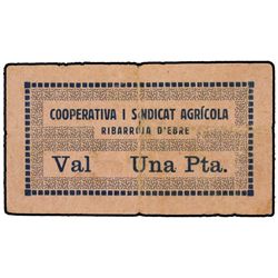 1 Pesseta. - COOPERATIVA I SINDICAT AGRÍCOLA. RIBARROJA D´EBRE. - EXTRAORDINARIAMENTE RARO. T-2438.