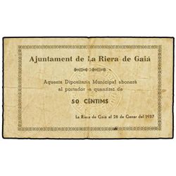 50 Cèntims. - 28 Gener 1937. - Aj. DE LA RIERA DE GAIA. - MUY RARO. (Algo sucio). AT-2121 ;T-2450. M