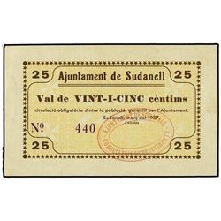 25 Cèntims. - Març 1937. - Aj. de SUDANELL. - MUY RARO. AT-2412; T-2802. EBC+ - -.